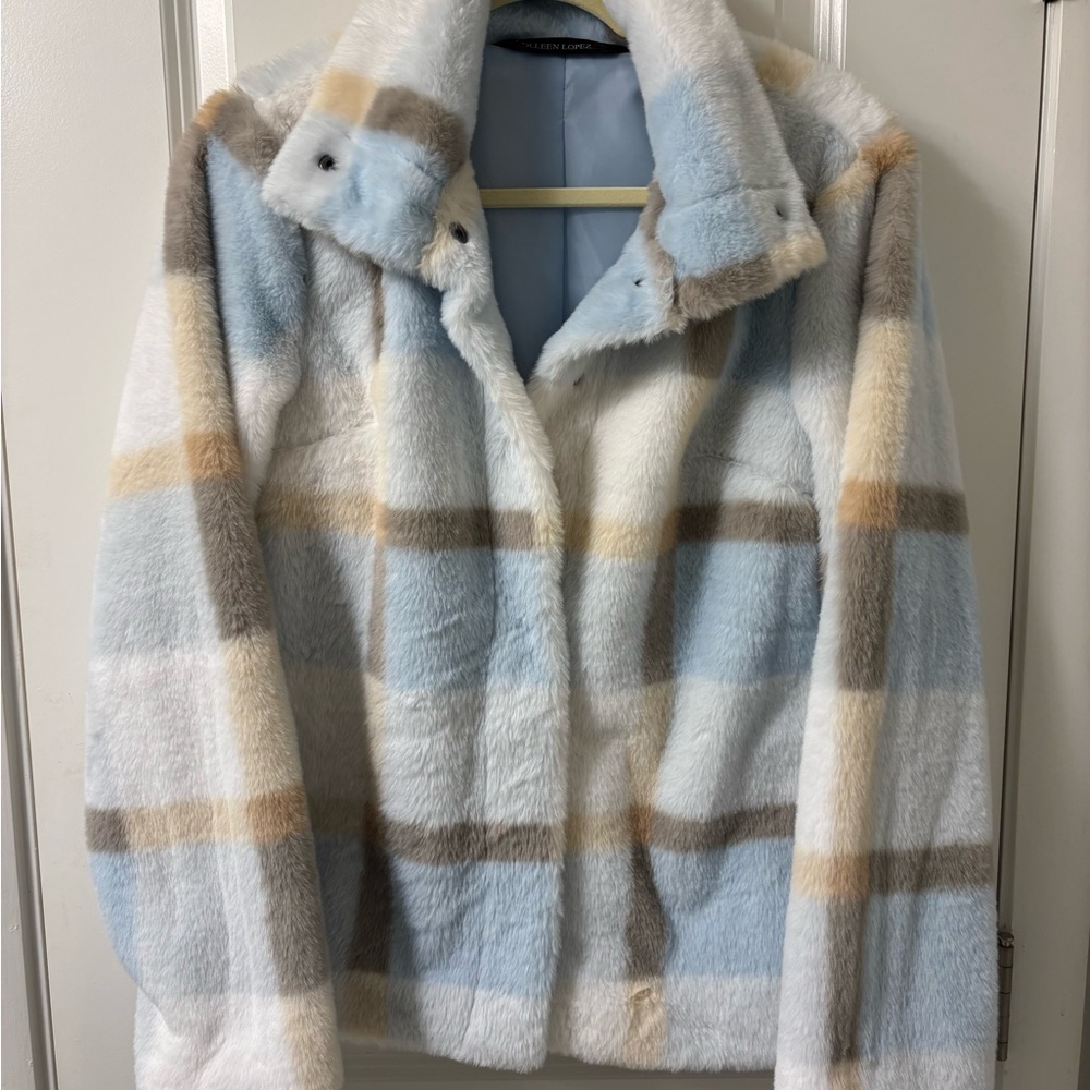Colleen Lopez Plaid Faux Fur Jacket in Ice Blue and White